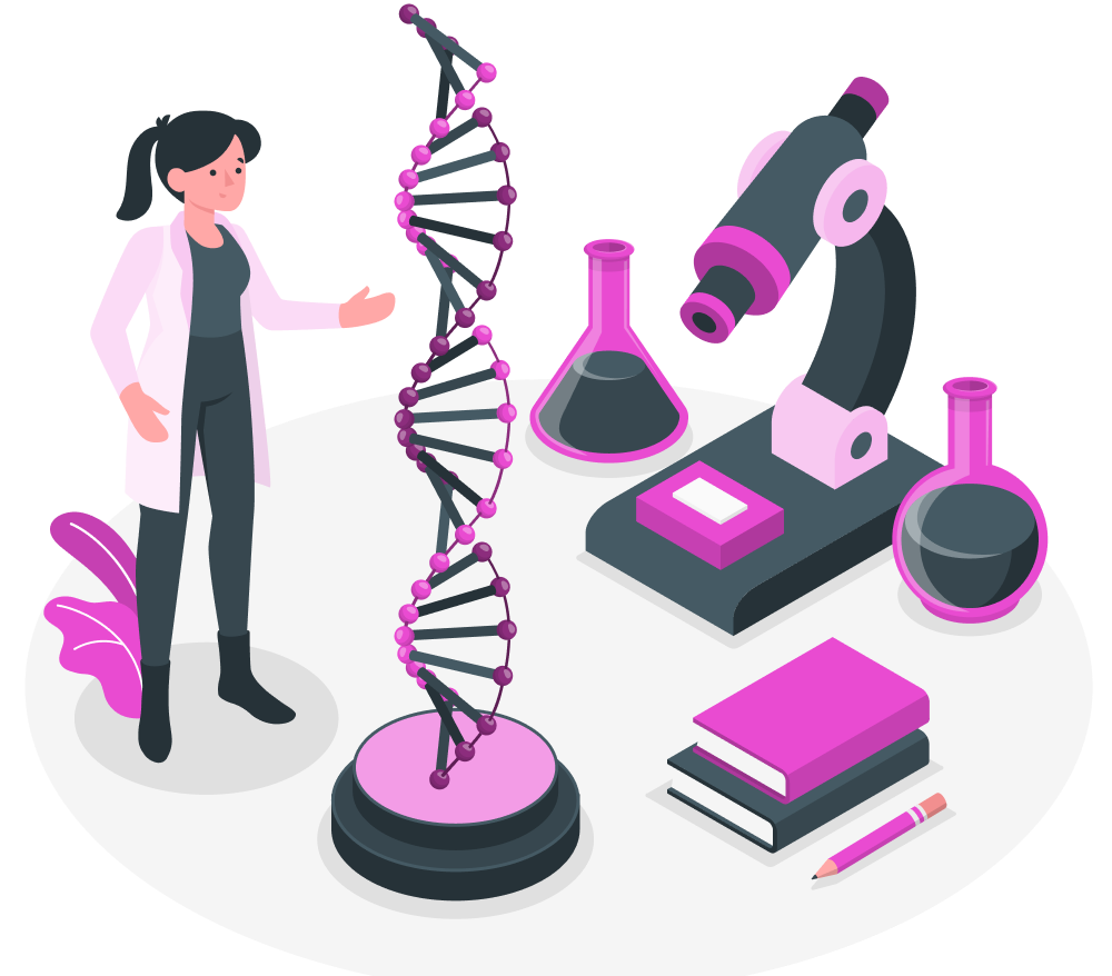 a woman scientist looking at a DNA strand the size of her and books, beakers, and a microscope in the background