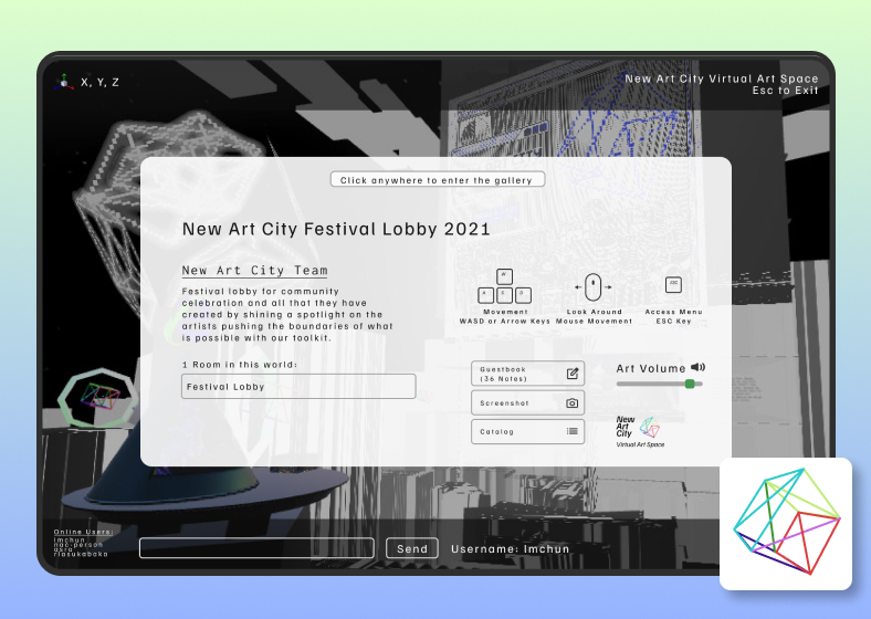 new art city's festival lobby, a digital city where you can rollerskate to different artist openings, a screenshot of web browser screen of a digital gallery